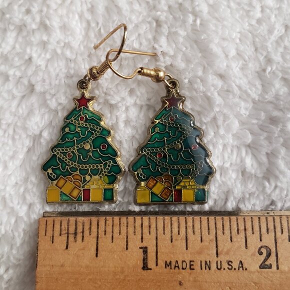 Vintage Decorated Christmas Tree Earrings Metal and Enamel - Picture 2 of 5